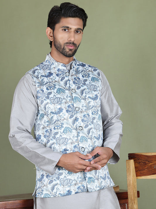 Printed Nehru Jacket With Kurta Pyjama Set for Men ( JOKPWC 636S 4090White )