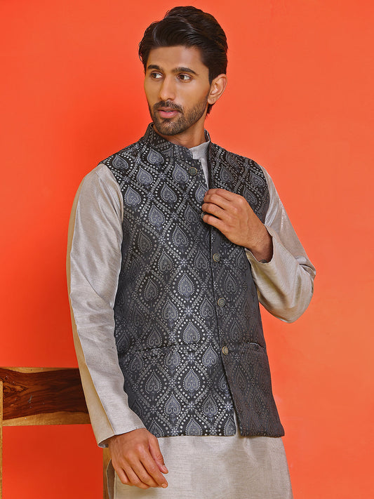 Woven Design Nehru Jacket With Solid Kurta Pyjama for Men ( JOKPWC 636S 4131 Black )