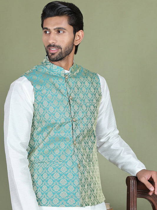 Woven Design Nehru Jacket With Solid Kurta Pyjama for Men ( JOKPWC 636W 4005Green )