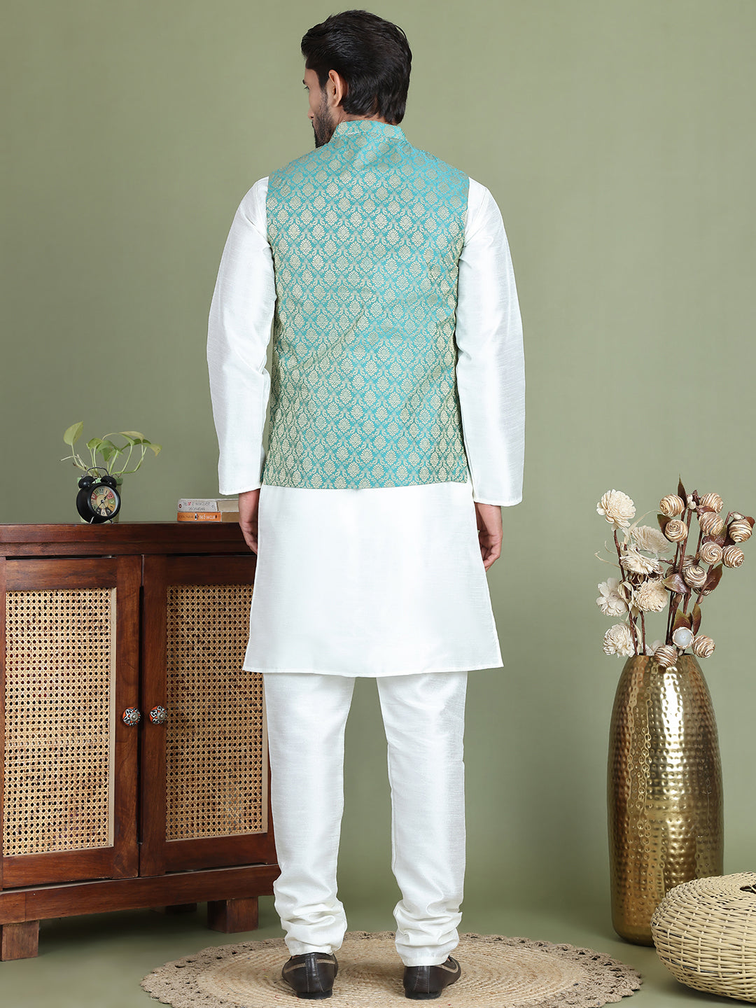 Woven Design Nehru Jacket With Solid Kurta Pyjama for Men ( JOKPWC 636W 4005Green )