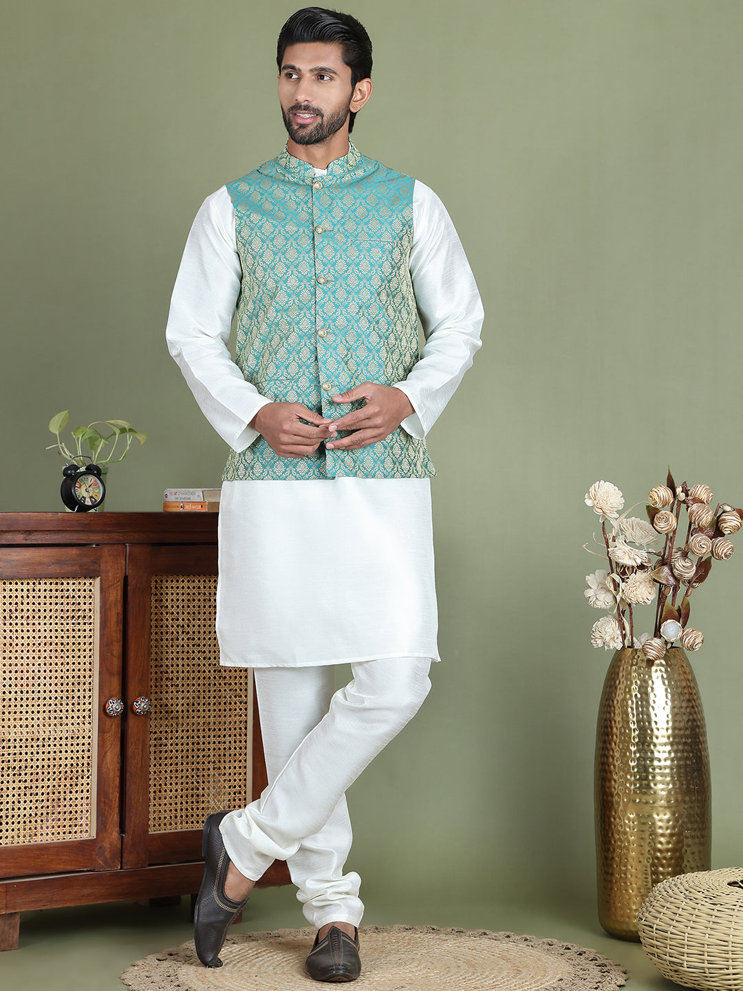 Woven Design Nehru Jacket With Solid Kurta Pyjama for Men ( JOKPWC 636W 4005Green )