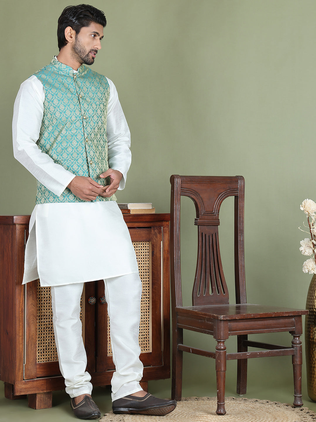 Woven Design Nehru Jacket With Solid Kurta Pyjama for Men ( JOKPWC 636W 4005Green )