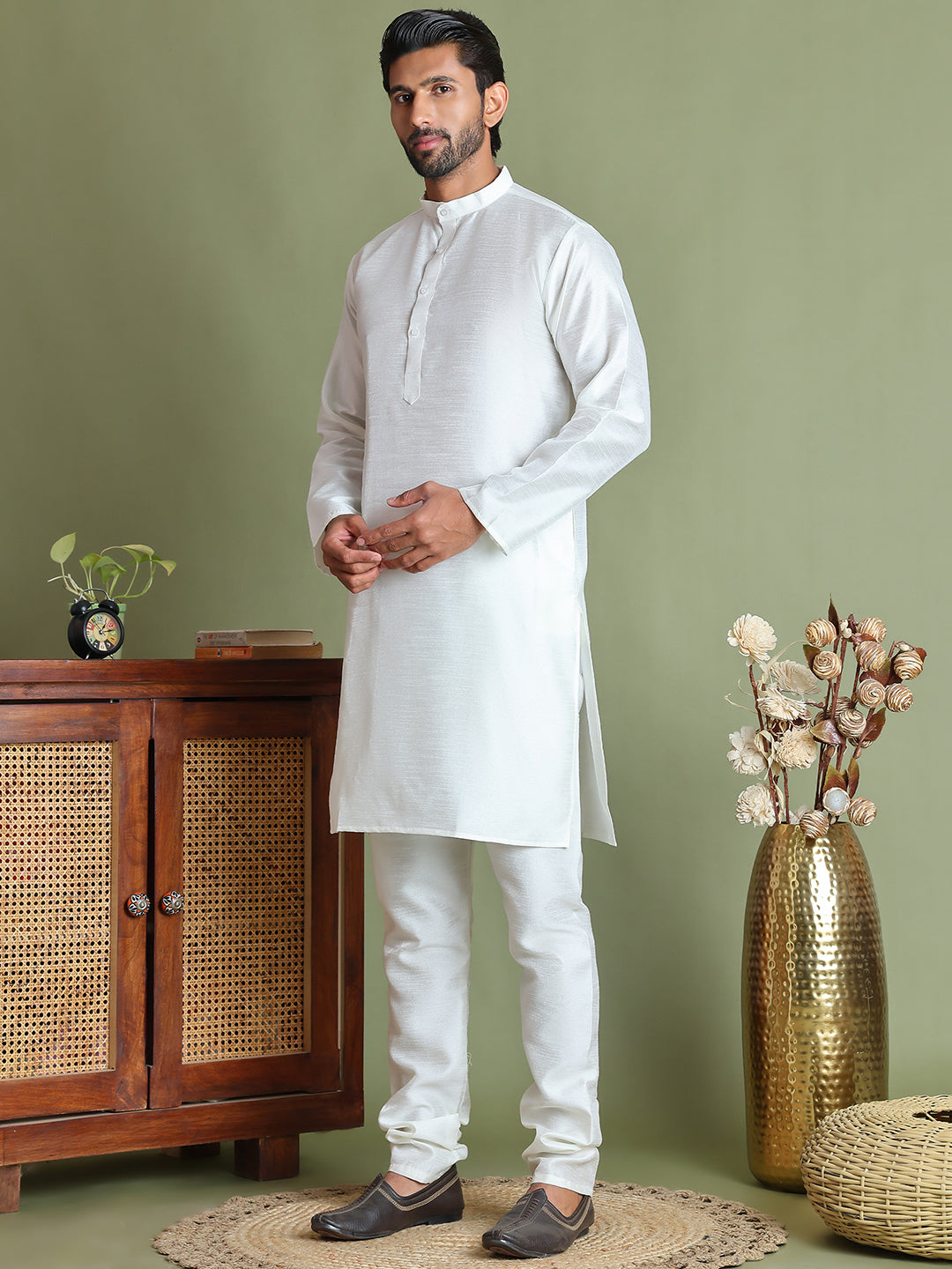Woven Design Nehru Jacket With Solid Kurta Pyjama for Men ( JOKPWC 636W 4005Green )