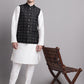 Men's Black Woven Design Nehru Jacket With Solid Kurta Pyjama.