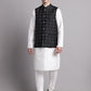 Men's Black Woven Design Nehru Jacket With Solid Kurta Pyjama.