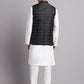 Men's Black Woven Design Nehru Jacket With Solid Kurta Pyjama.