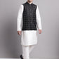 Men's Black Woven Design Nehru Jacket With Solid Kurta Pyjama.