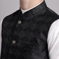 Men's Black Woven Design Nehru Jacket With Solid Kurta Pyjama.