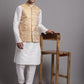 Men's Golden Woven Design Nehru Jacket With Solid Kurta Pyjama.