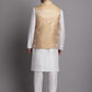 Men's Golden Woven Design Nehru Jacket With Solid Kurta Pyjama.