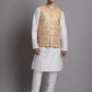 Men's Golden Woven Design Nehru Jacket With Solid Kurta Pyjama.