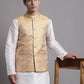 Men's Golden Woven Design Nehru Jacket With Solid Kurta Pyjama.