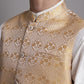 Men's Golden Woven Design Nehru Jacket With Solid Kurta Pyjama.