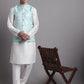 Men's Turquoise Blue Woven Design Nehru Jacket With Solid Kurta Pyjama.