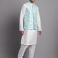 Men's Turquoise Blue Woven Design Nehru Jacket With Solid Kurta Pyjama.