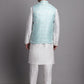 Men's Turquoise Blue Woven Design Nehru Jacket With Solid Kurta Pyjama.