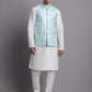 Men's Turquoise Blue Woven Design Nehru Jacket With Solid Kurta Pyjama.