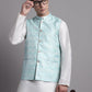 Men's Turquoise Blue Woven Design Nehru Jacket With Solid Kurta Pyjama.