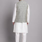 Men's Silver and Black Woven Design Nehru Jacket With Solid Kurta Pyjama.