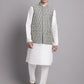 Men's Silver and Black Woven Design Nehru Jacket With Solid Kurta Pyjama.