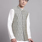 Men's Silver and Black Woven Design Nehru Jacket With Solid Kurta Pyjama.