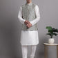 Men's Silver and Navy Blue Woven Design Nehru Jacket With Solid Kurta Pyjama.