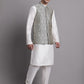 Men's Silver and Navy Blue Woven Design Nehru Jacket With Solid Kurta Pyjama.
