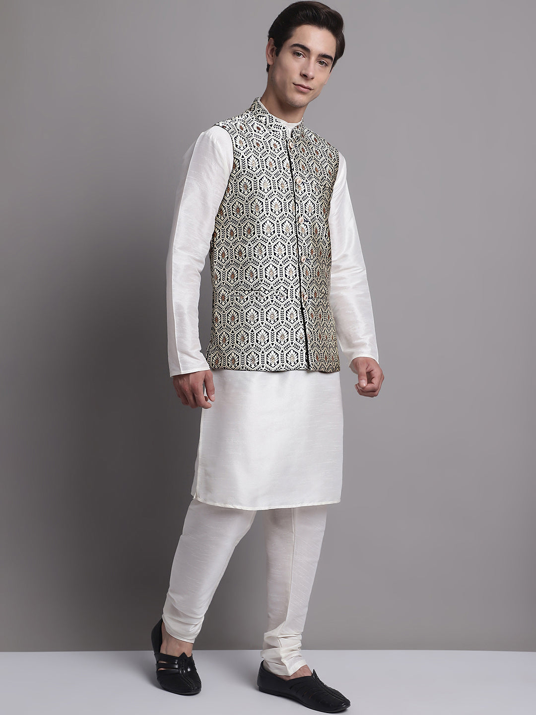 Men's Silver and Navy Blue Woven Design Nehru Jacket With Solid Kurta Pyjama.