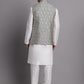 Men's Silver and Navy Blue Woven Design Nehru Jacket With Solid Kurta Pyjama.