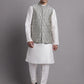 Men's Silver and Navy Blue Woven Design Nehru Jacket With Solid Kurta Pyjama.