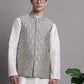 Men's Silver and Navy Blue Woven Design Nehru Jacket With Solid Kurta Pyjama.