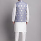 Men's Blue Printed Nehru Jacket With Solid Kurta Pyjama.