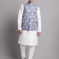 Men's Blue Printed Nehru Jacket With Solid Kurta Pyjama.
