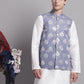 Men's Blue Printed Nehru Jacket With Solid Kurta Pyjama.