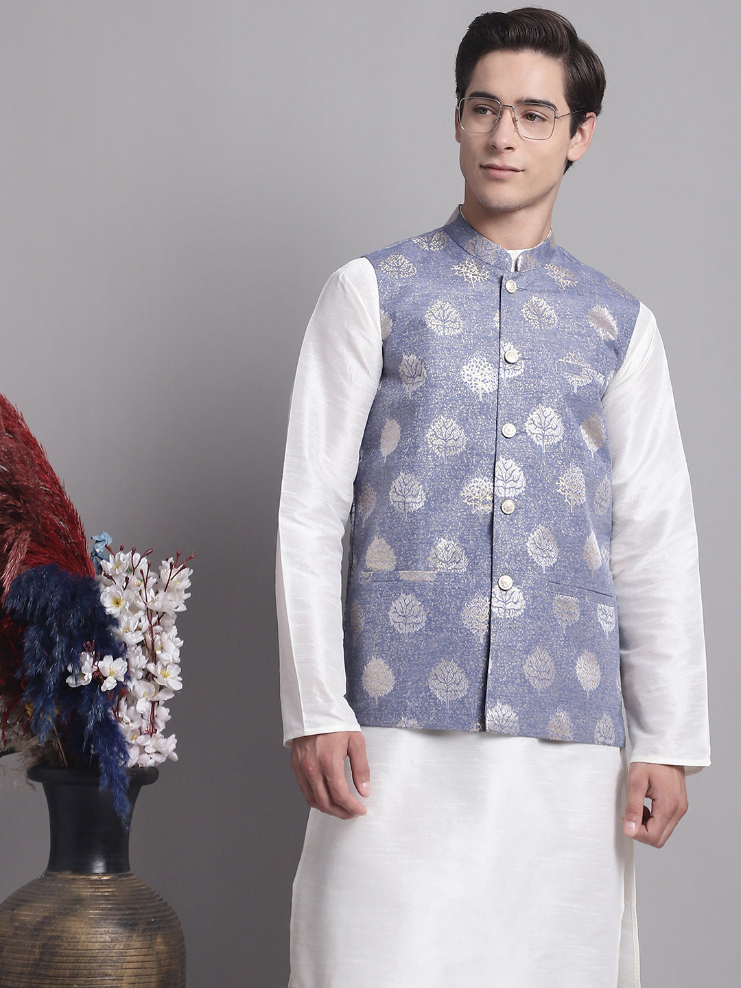 Men's Blue Printed Nehru Jacket With Solid Kurta Pyjama.