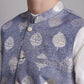 Men's Blue Printed Nehru Jacket With Solid Kurta Pyjama.