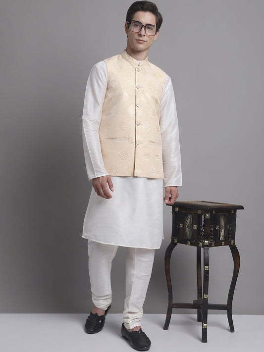 Men's Cream Printed Nehru Jacket With Solid Kurta Pyjama.