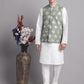 Men's Green Printed Nehru Jacket With Solid Kurta Pyjama.
