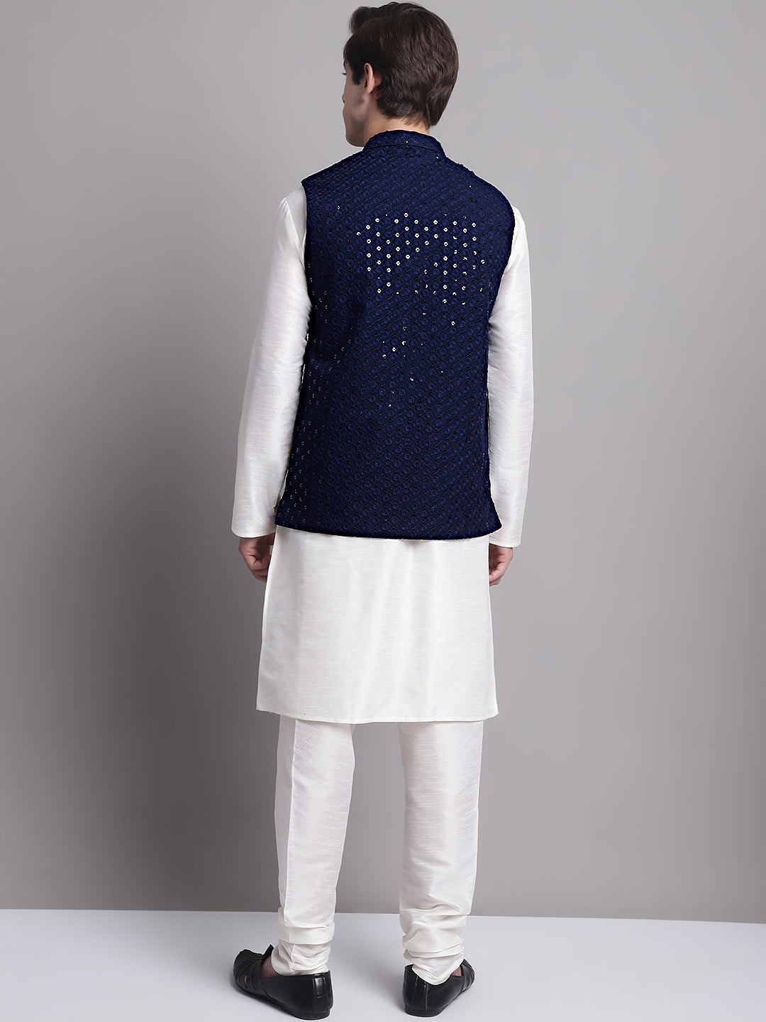 Men's Navy Blue Sequins and Embroidred Nehru Jacket With Solid Kurta Pyjama.