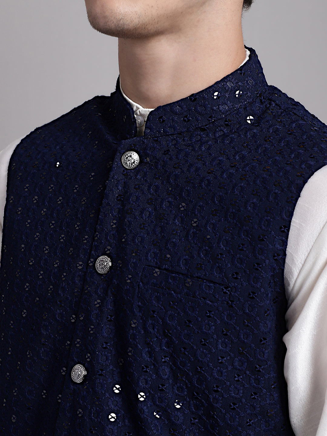 Men's Navy Blue Sequins and Embroidred Nehru Jacket With Solid Kurta Pyjama.