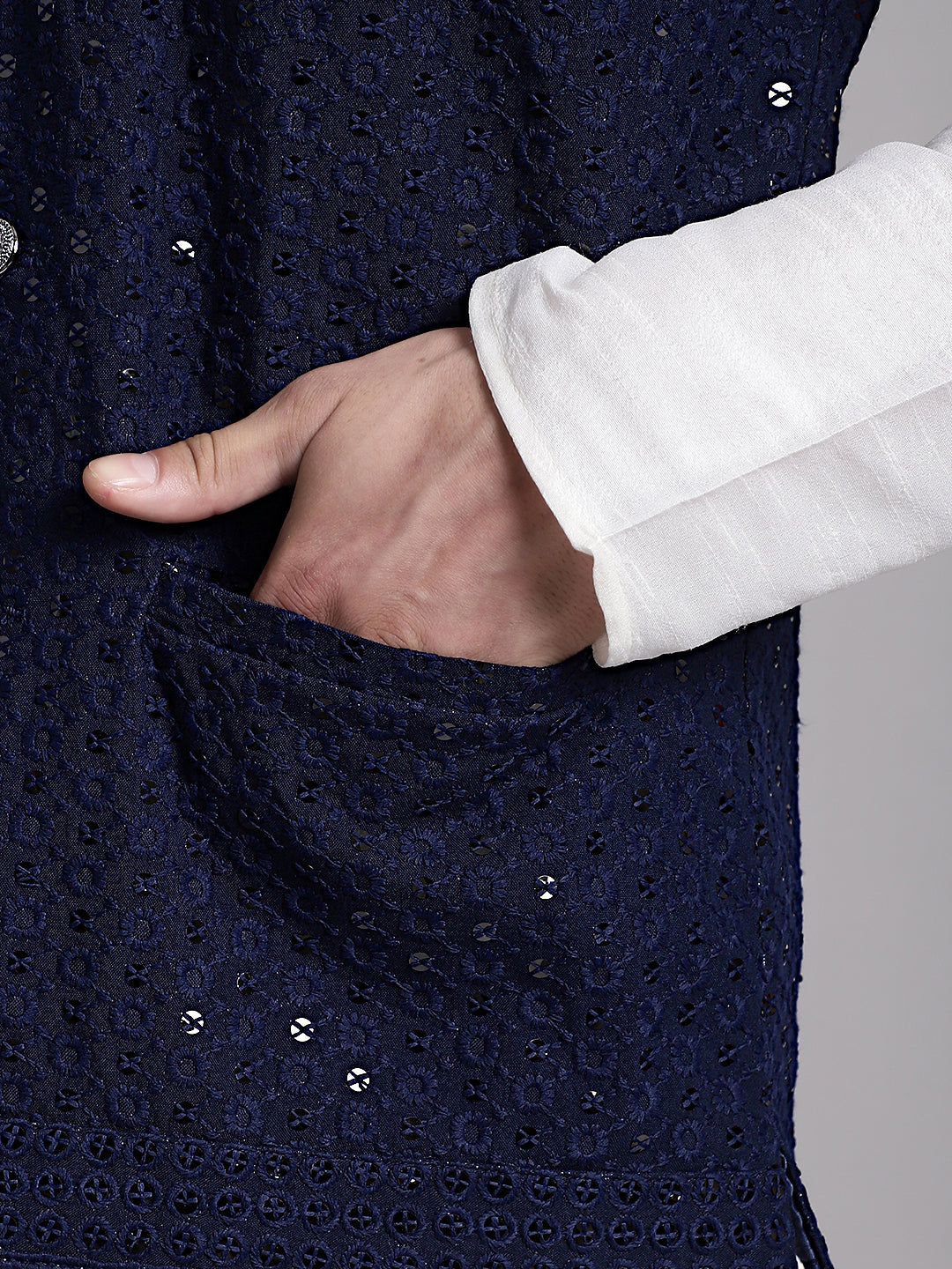 Men's Navy Blue Sequins and Embroidred Nehru Jacket With Solid Kurta Pyjama.