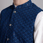 Men's Peacock Blue Sequins and Embroidred Nehru Jacket With Solid Kurta Pyjama.