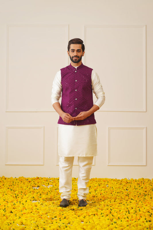 Men's Purple Sequins and Embroidred Nehru Jacket With Solid Kurta Pyjama.