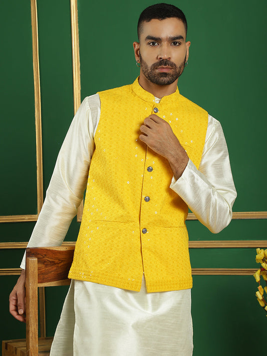 Men's Sequins and Embroidred Nehru Jacket With Solid Kurta Pyjama