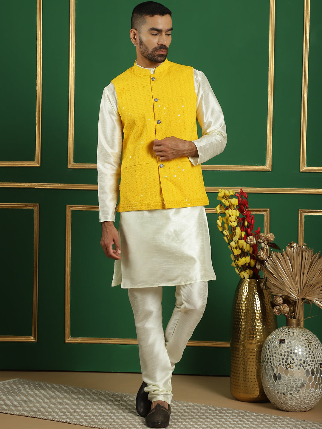 Men's Sequins and Embroidred Nehru Jacket With Solid Kurta Pyjama