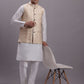 Men's Cream Woven Design Nehru Jacket With Solid Kurta Pyjama.