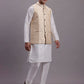 Men's Cream Woven Design Nehru Jacket With Solid Kurta Pyjama.