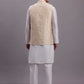 Men's Cream Woven Design Nehru Jacket With Solid Kurta Pyjama.