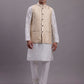 Men's Cream Woven Design Nehru Jacket With Solid Kurta Pyjama.
