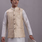 Men's Cream Woven Design Nehru Jacket With Solid Kurta Pyjama.